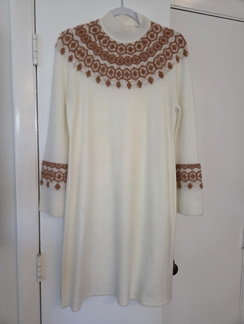 Talbots Cream Knit Long-Sleeve Dress with Rust Yoke